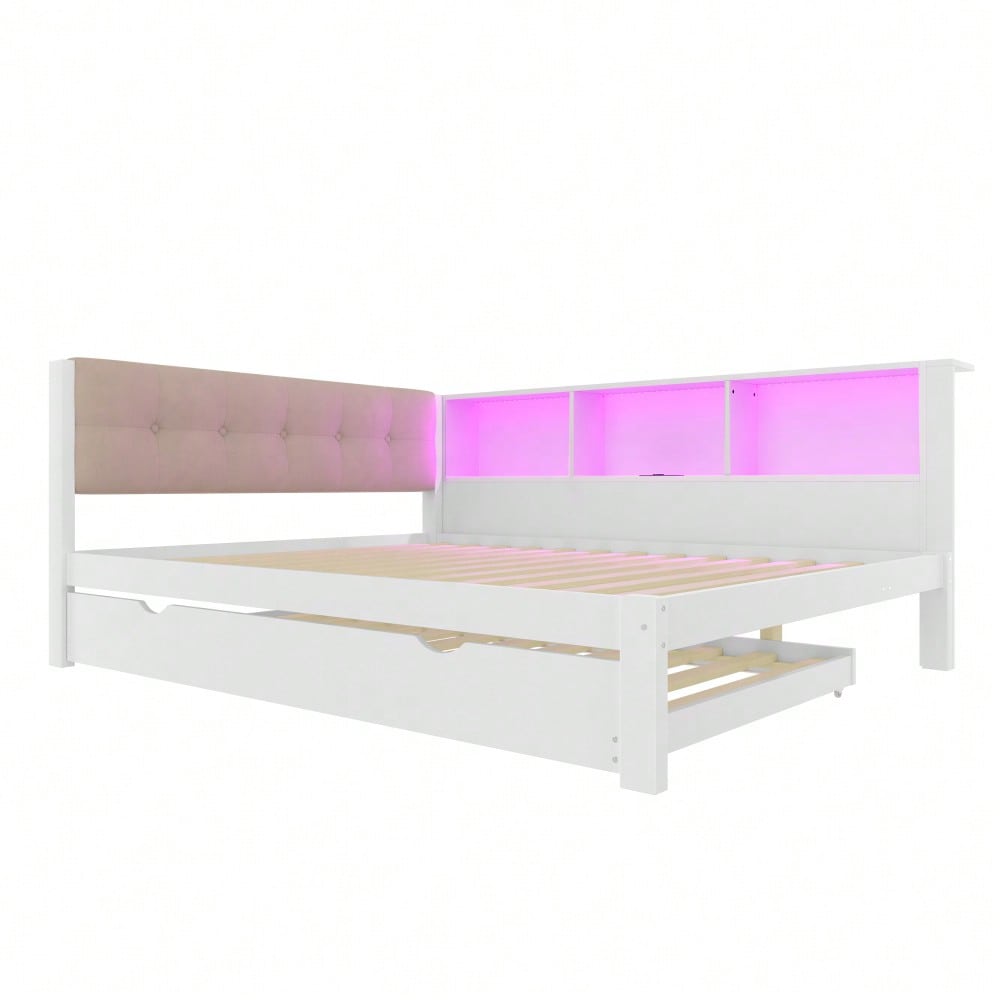 Daybett, Tagesbett, Schlafsofa, 140x200cm, Einzelbett(Ohne Matratze), mit ausziehbarem Bett, mit dimmbarer LED-Leiste, mit praktischem Regal, mit USB-Anschluss, 140x200cm, Kiefernholz, Weiß