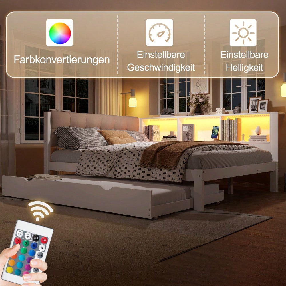 Daybett, Tagesbett, Schlafsofa, 140x200cm, Einzelbett(Ohne Matratze), mit ausziehbarem Bett, mit dimmbarer LED-Leiste, mit praktischem Regal, mit USB-Anschluss, 140x200cm, Kiefernholz, Weiß