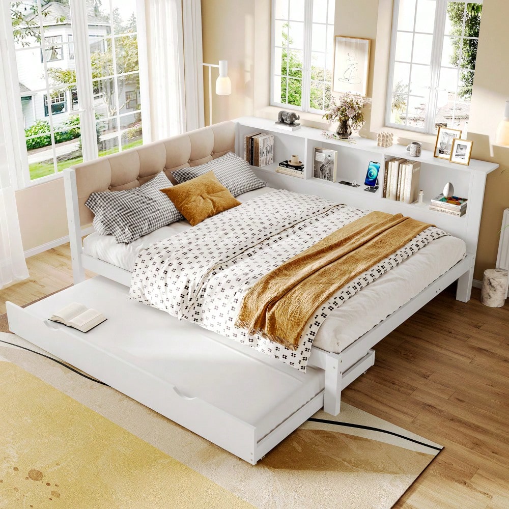 Daybett, Tagesbett, Schlafsofa, 140x200cm, Einzelbett(Ohne Matratze), mit ausziehbarem Bett, mit dimmbarer LED-Leiste, mit praktischem Regal, mit USB-Anschluss, 140x200cm, Kiefernholz, Weiß