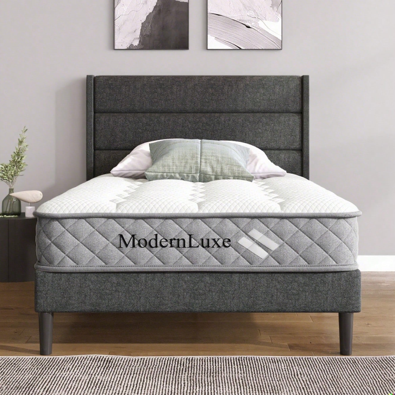 Polsterbett 90 x 200 cm, Bettgestell mit Lattenrost & Kopfteil, gepolstertes Doppelbett, Textilbezug Leinen in Grau, Zeitloses modernes Design, Jugendbett(Mit Matratze)