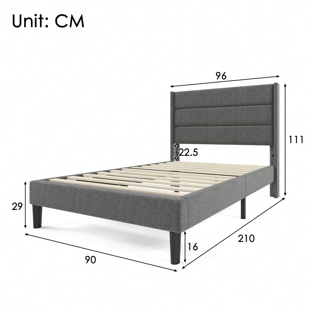 Polsterbett 90 x 200 cm, Bettgestell mit Lattenrost & Kopfteil, gepolstertes Doppelbett, Textilbezug Leinen in Grau, Zeitloses modernes Design, Jugendbett(Mit Matratze)