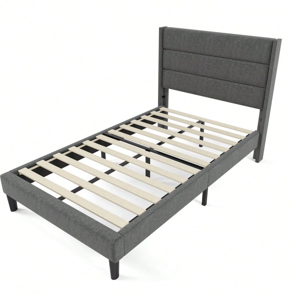 Polsterbett 90 x 200 cm, Bettgestell mit Lattenrost & Kopfteil, gepolstertes Doppelbett, Textilbezug Leinen in Grau, Zeitloses modernes Design, Jugendbett(Mit Matratze)