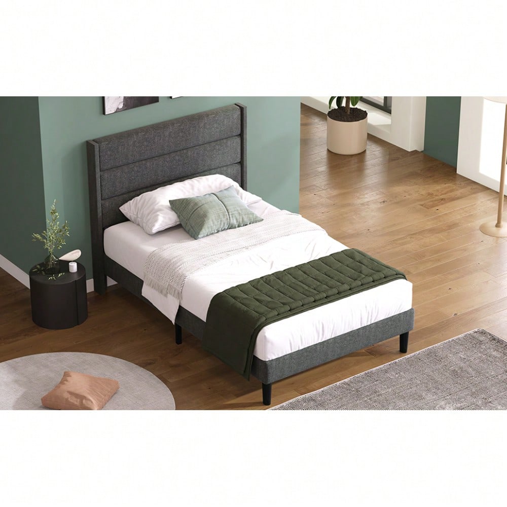 Polsterbett 90 x 200 cm, Bettgestell mit Lattenrost & Kopfteil, gepolstertes Doppelbett, Textilbezug Leinen in Grau, Zeitloses modernes Design, Jugendbett(Mit Matratze)