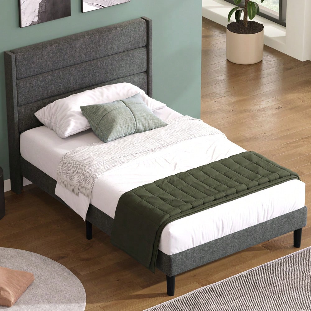 Polsterbett 90 x 200 cm, Bettgestell mit Lattenrost & Kopfteil, gepolstertes Doppelbett, Textilbezug Leinen in Grau, Zeitloses modernes Design, Jugendbett(Mit Matratze)
