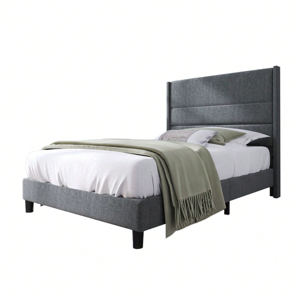 Polsterbett 90 x 200 cm, Bettgestell mit Lattenrost & Kopfteil, gepolstertes Doppelbett, Textilbezug Leinen in Grau, Zeitloses modernes Design, Jugendbett(Mit Matratze)