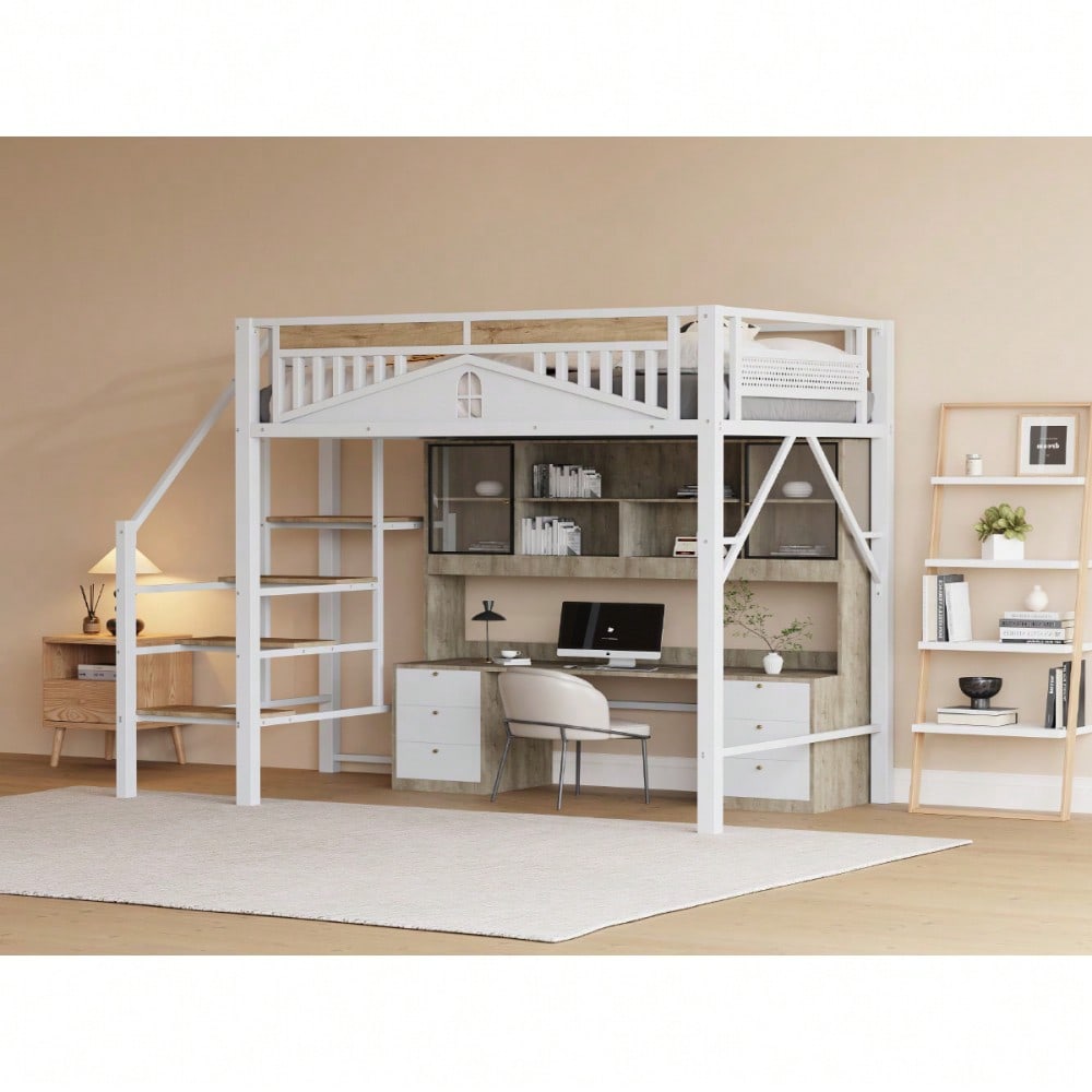 Metall-Hochbett 140 x 200 cm, Einzigartige Gehäuseform mit Fensterdesign, Mit Sicherheitsleiter, Viel Stauraum Unter Dem Bett, Weiß