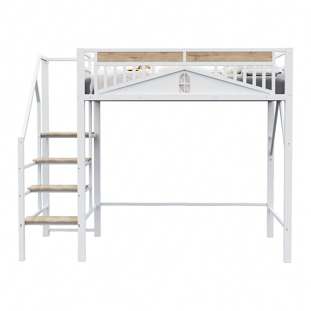 Metall-Hochbett 140 x 200 cm, Einzigartige Gehäuseform mit Fensterdesign, Mit Sicherheitsleiter, Viel Stauraum Unter Dem Bett, Weiß
