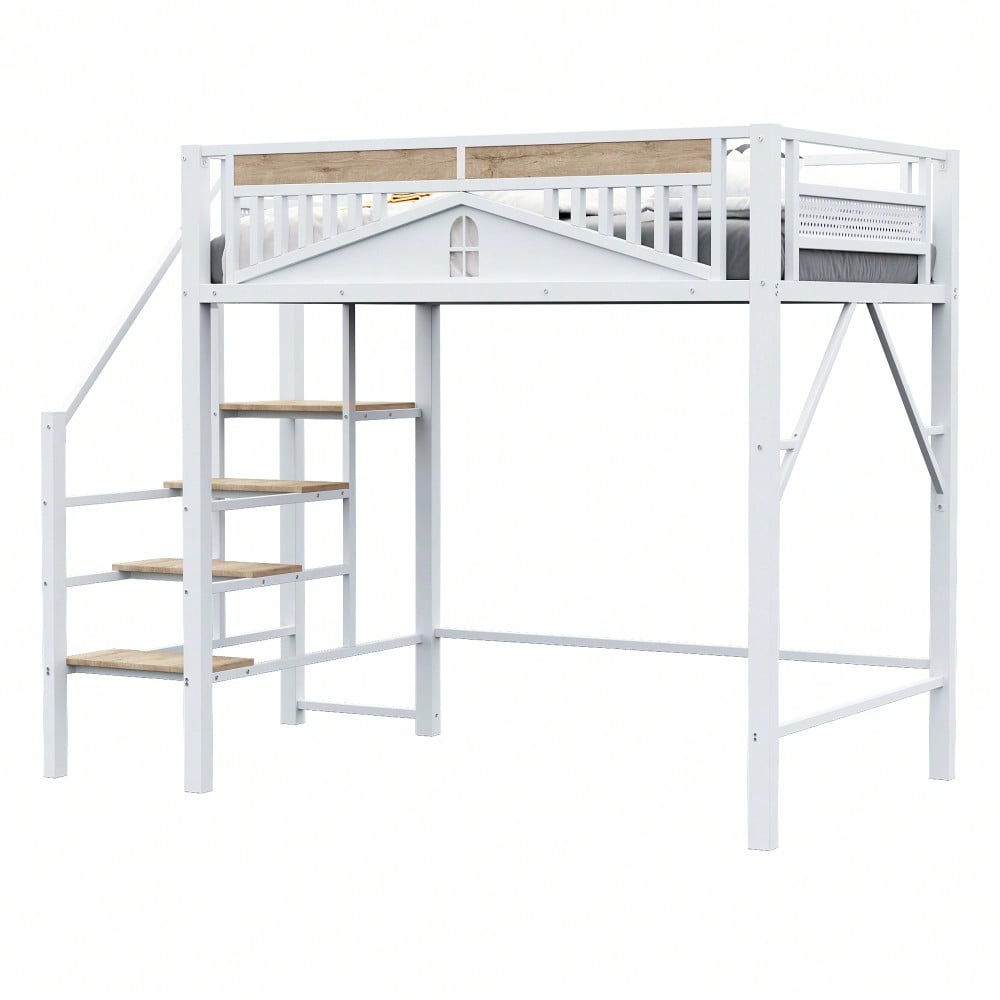 Metall-Hochbett 140 x 200 cm, Einzigartige Gehäuseform mit Fensterdesign, Mit Sicherheitsleiter, Viel Stauraum Unter Dem Bett, Weiß