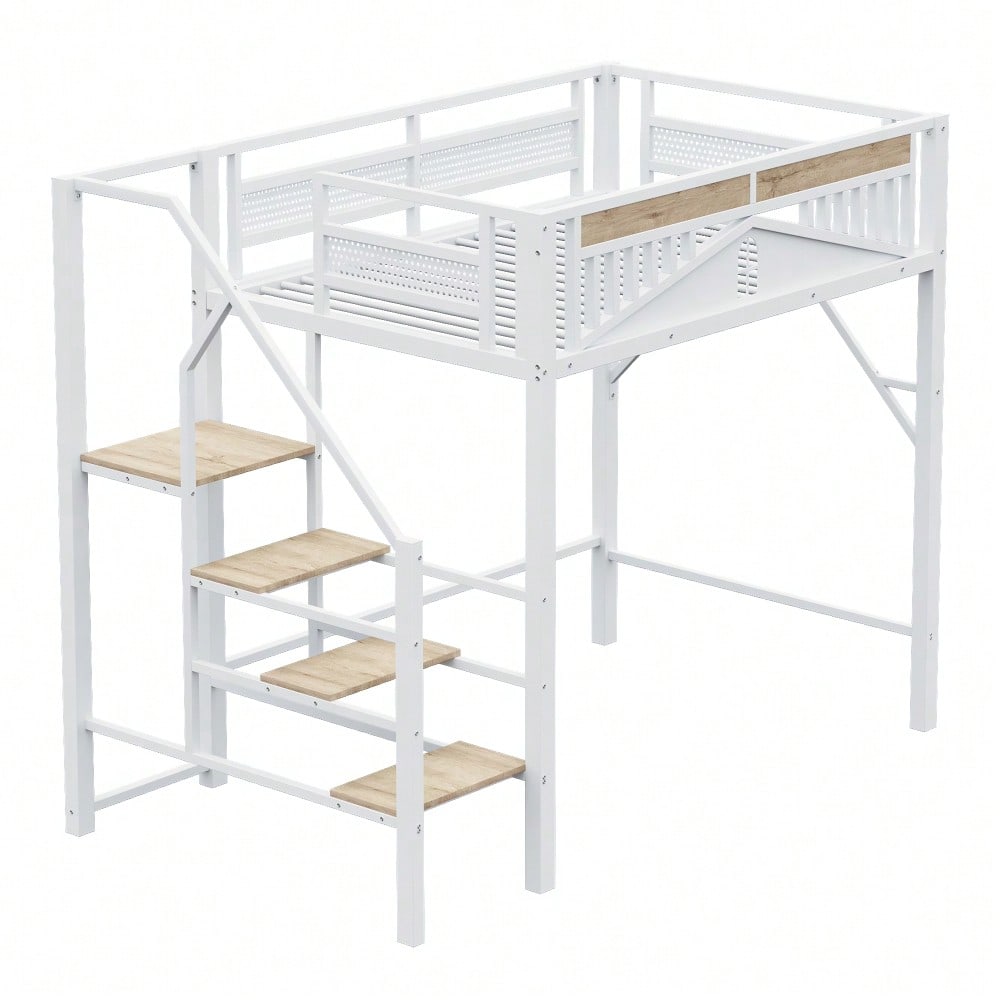 Metall-Hochbett 140 x 200 cm, Einzigartige Gehäuseform mit Fensterdesign, Mit Sicherheitsleiter, Viel Stauraum Unter Dem Bett, Weiß