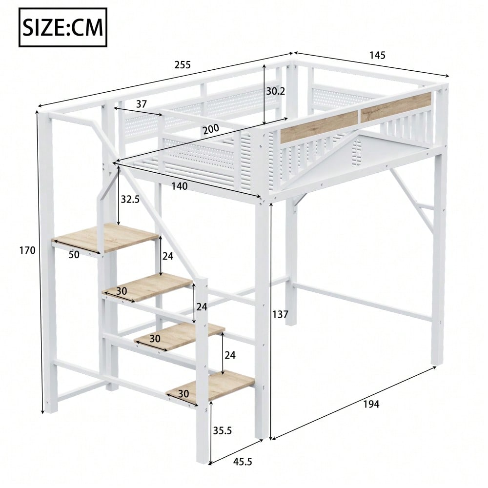 Metall-Hochbett 140 x 200 cm, Einzigartige Gehäuseform mit Fensterdesign, Mit Sicherheitsleiter, Viel Stauraum Unter Dem Bett, Weiß