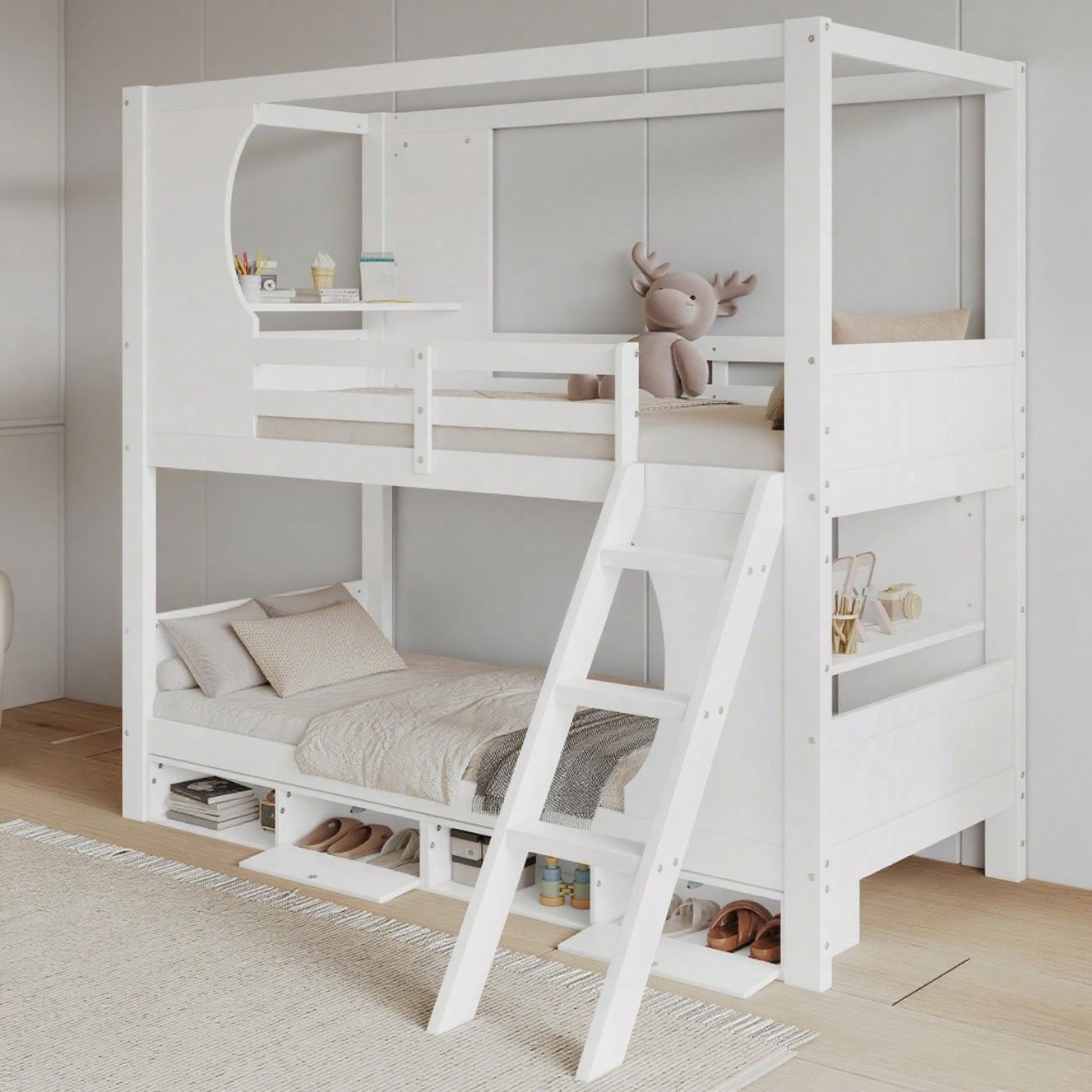 Etagenbett, Kinderbett mit Fallschutzgitter, mit Tisch, Schuhschrank mit vier Fächern, Reichlich Stauraum, Dreistufige Schrägleiter, Kiefer+MDF+Sperrholz, Weiß, 90x200cm