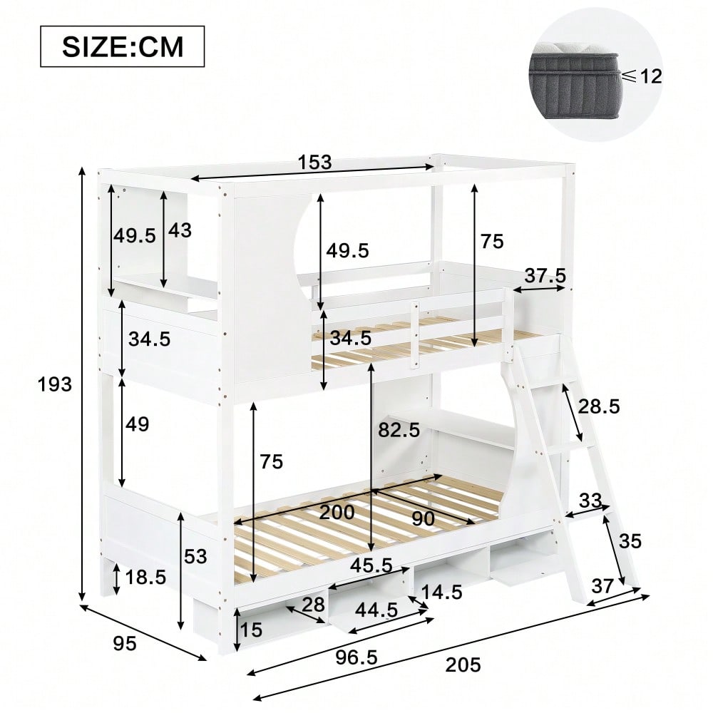 Etagenbett, Kinderbett mit Fallschutzgitter, mit Tisch, Schuhschrank mit vier Fächern, Reichlich Stauraum, Dreistufige Schrägleiter, Kiefer+MDF+Sperrholz, Weiß, 90x200cm