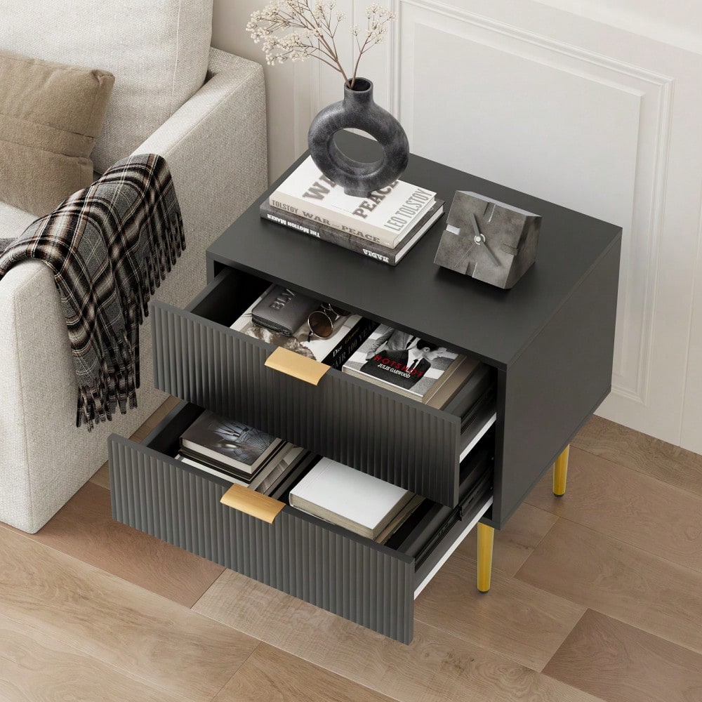 Schwarzer Nachttisch mit Wellenmuster und 2 Schubladen, Schlafzimmer-Nachttisch, moderner Nachttisch mit Metallbeinen, 1 Stück