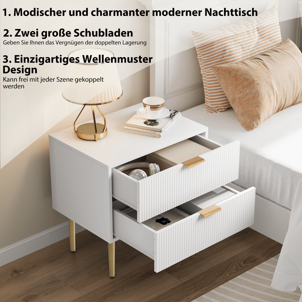 Weißer Nachttisch mit Wellenmuster und 2 Schubladen, Schlafzimmer-Nachttisch,moderner Nachttisch mit Metallbeinen, 1 Stück