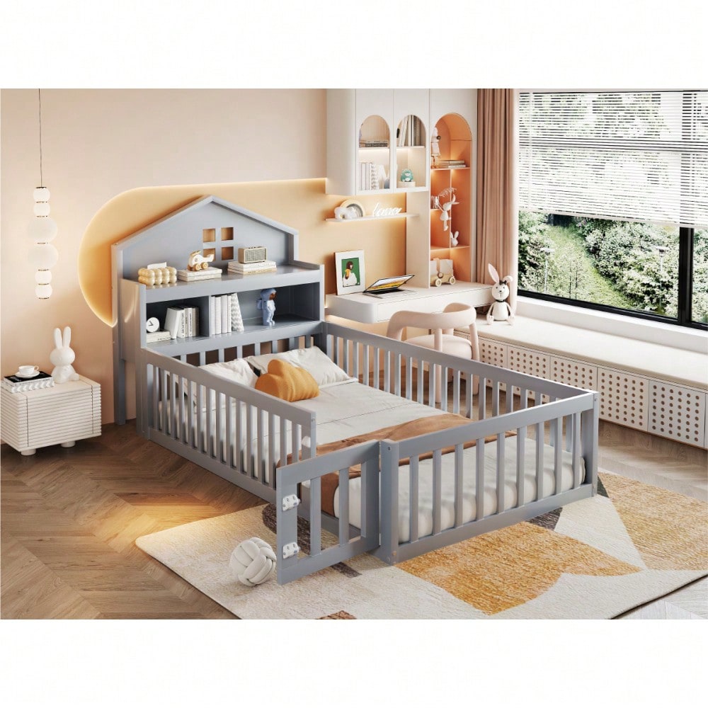 Kinderbett 90 x 200, Massivholz-Kinderbettrahmen, Hausleiste, mit Einlegeböden und Stauraum, mit Schutzgitter und Tür, mit Bilderleiste, mit Lattenrost, Grau