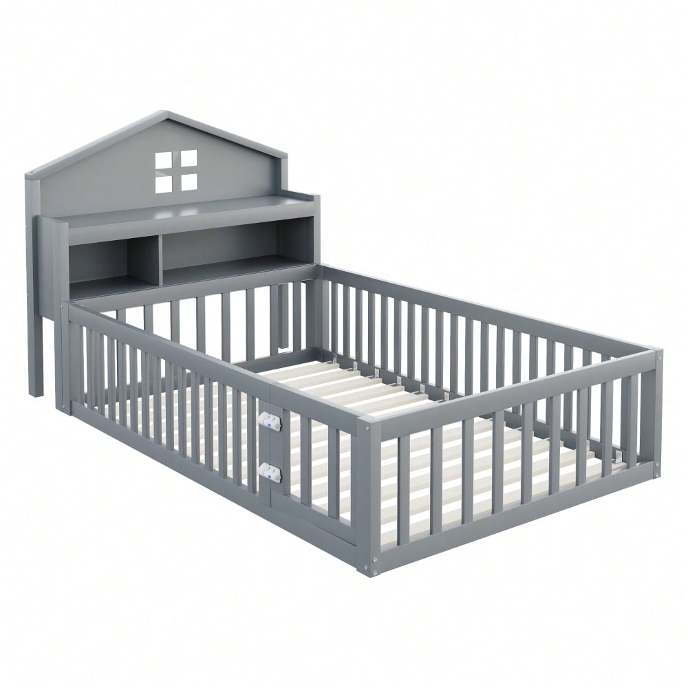 Kinderbett 90 x 200, Massivholz-Kinderbettrahmen, Hausleiste, mit Einlegeböden und Stauraum, mit Schutzgitter und Tür, mit Bilderleiste, mit Lattenrost, Grau
