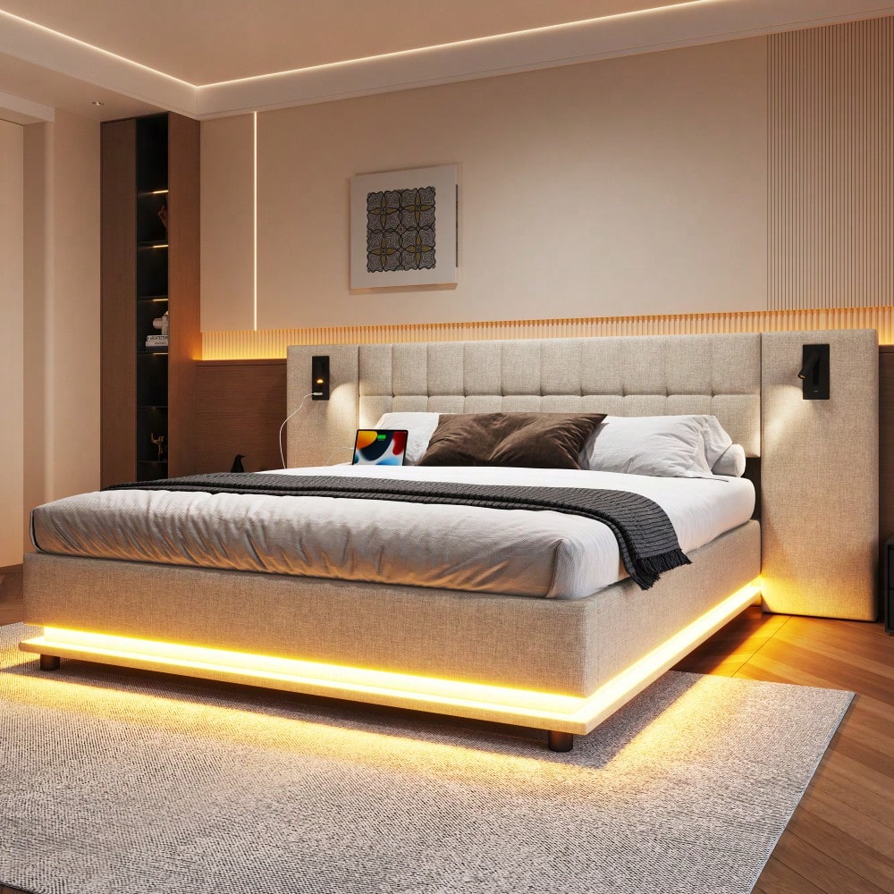Polsterbett, 180*200cm, mit LED-Leiste, Kopfteil mit Spot, mit USB, ohne Matratze, Leinen, beige