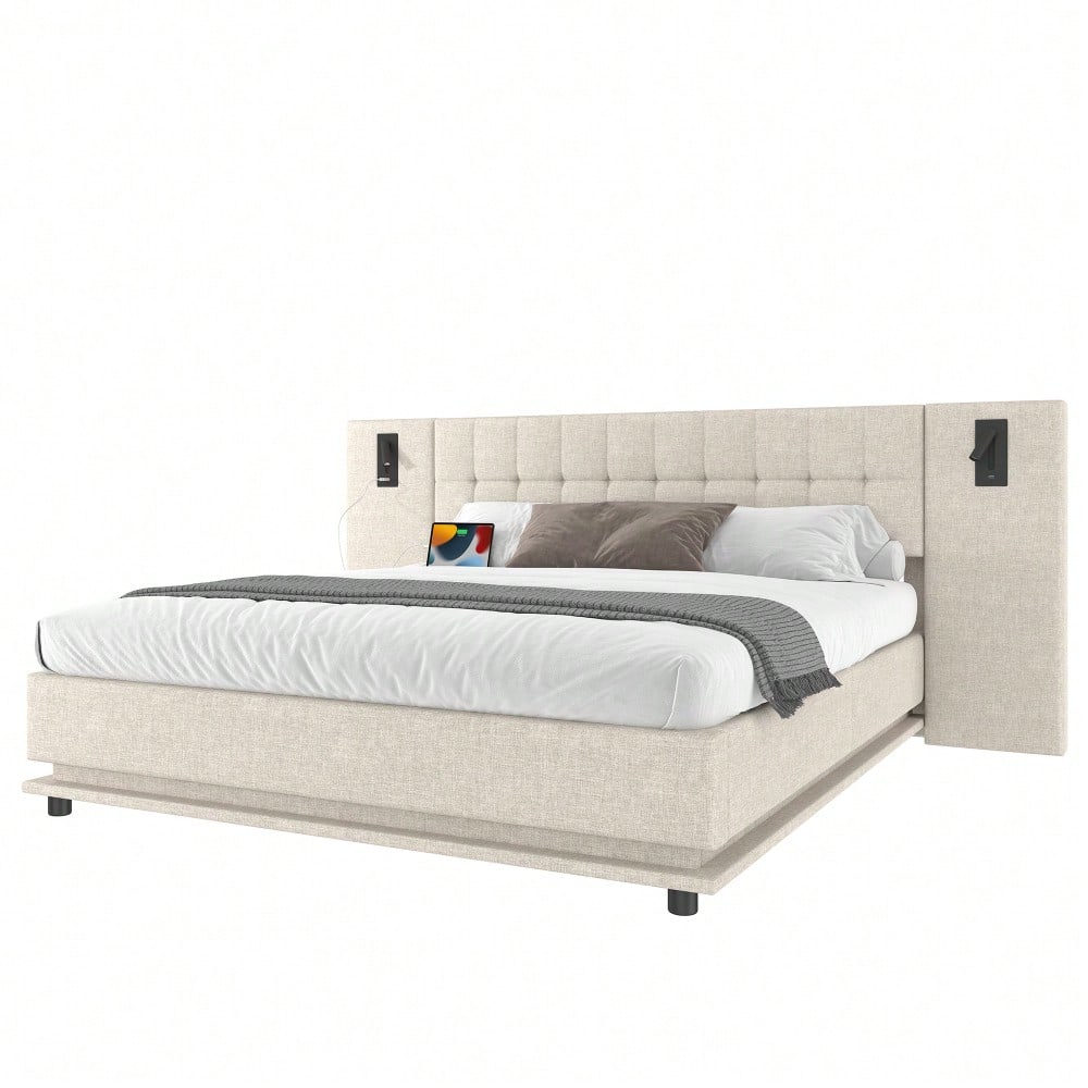 Polsterbett, 180*200cm, mit LED-Leiste, Kopfteil mit Spot, mit USB, ohne Matratze, Leinen, beige
