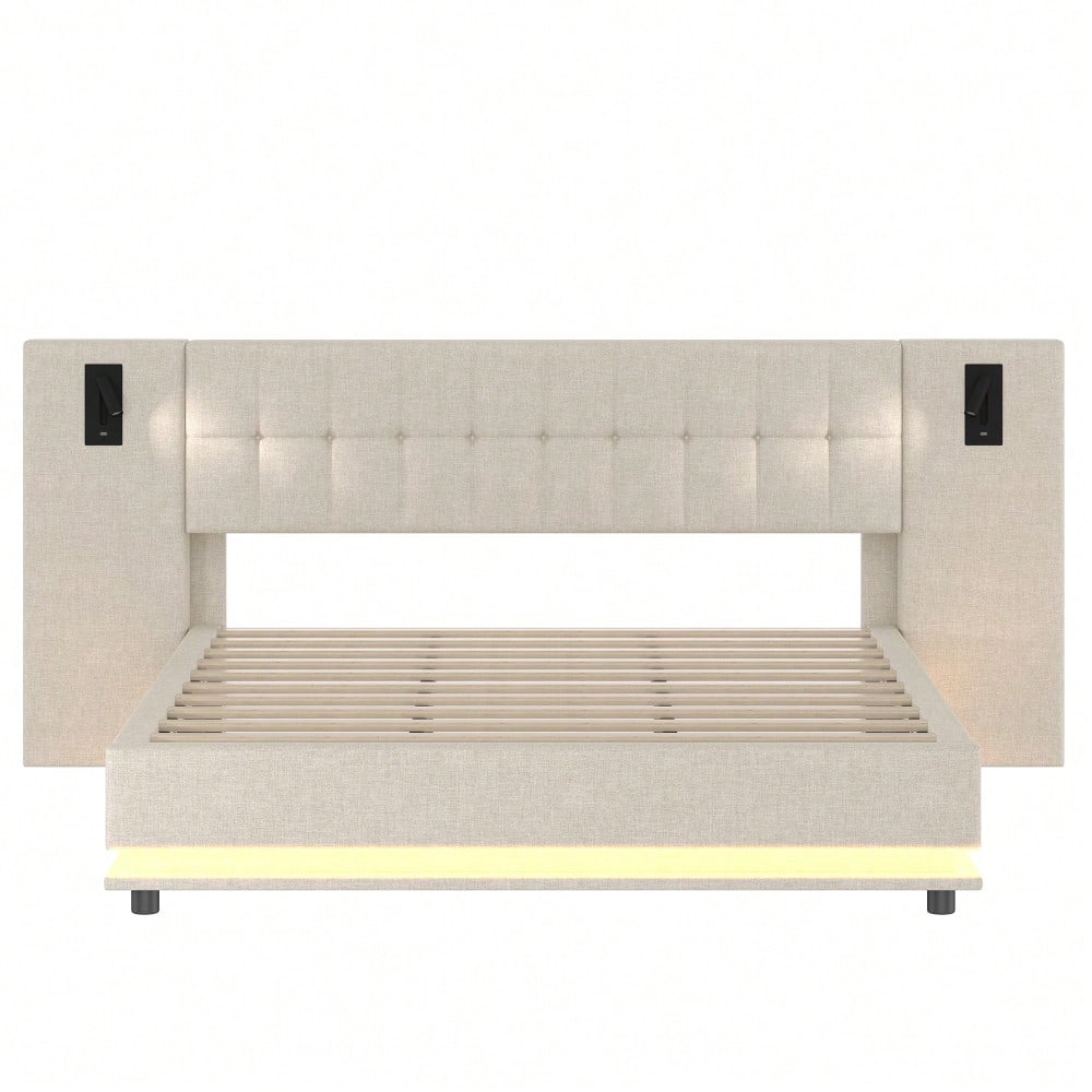 Polsterbett, 180*200cm, mit LED-Leiste, Kopfteil mit Spot, mit USB, ohne Matratze, Leinen, beige