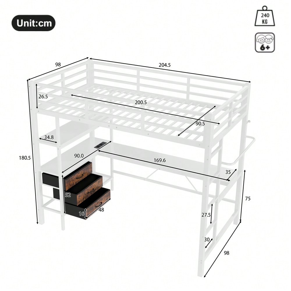 Hochbett, 90*200cm , Mit LED-Leuchten, Schreibtisch, Steckdose + USB, 3 Schubladen, Regale, Geländer, Treppe, ohne Matratze, Weiß