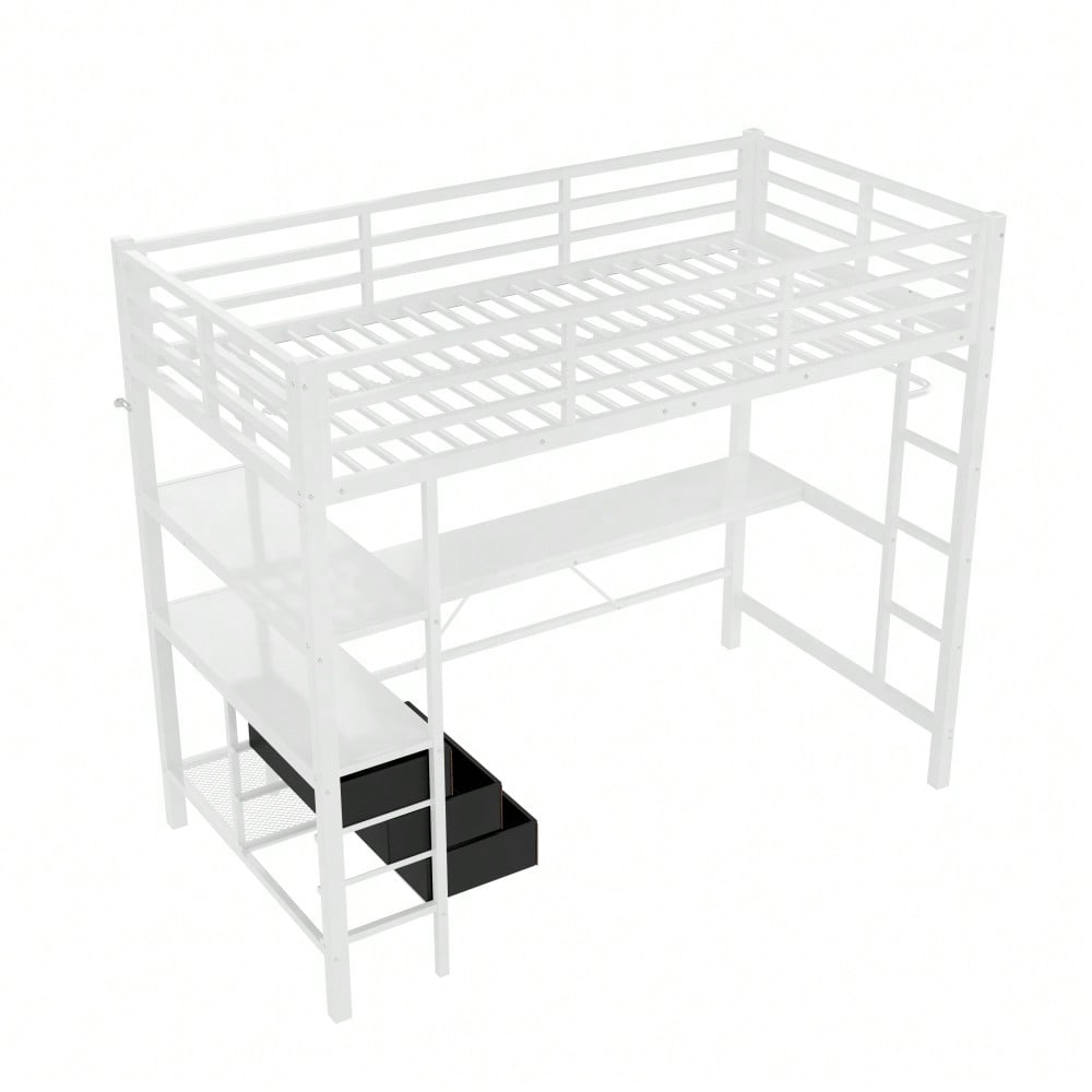 Hochbett, 90*200cm , Mit LED-Leuchten, Schreibtisch, Steckdose + USB, 3 Schubladen, Regale, Geländer, Treppe, ohne Matratze, Weiß