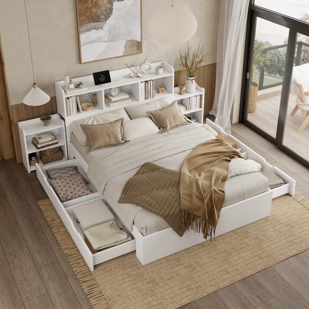 140*200 Holzbett, Doppelbett, mit Lattenrost und Kopfteil, mit 2 ausziehbaren Nachttischen, mit Ablagefächern, mit Handyladefunktion (TYPE C Schnittstelle und Wireless Charging), mit Schubladen,weiß