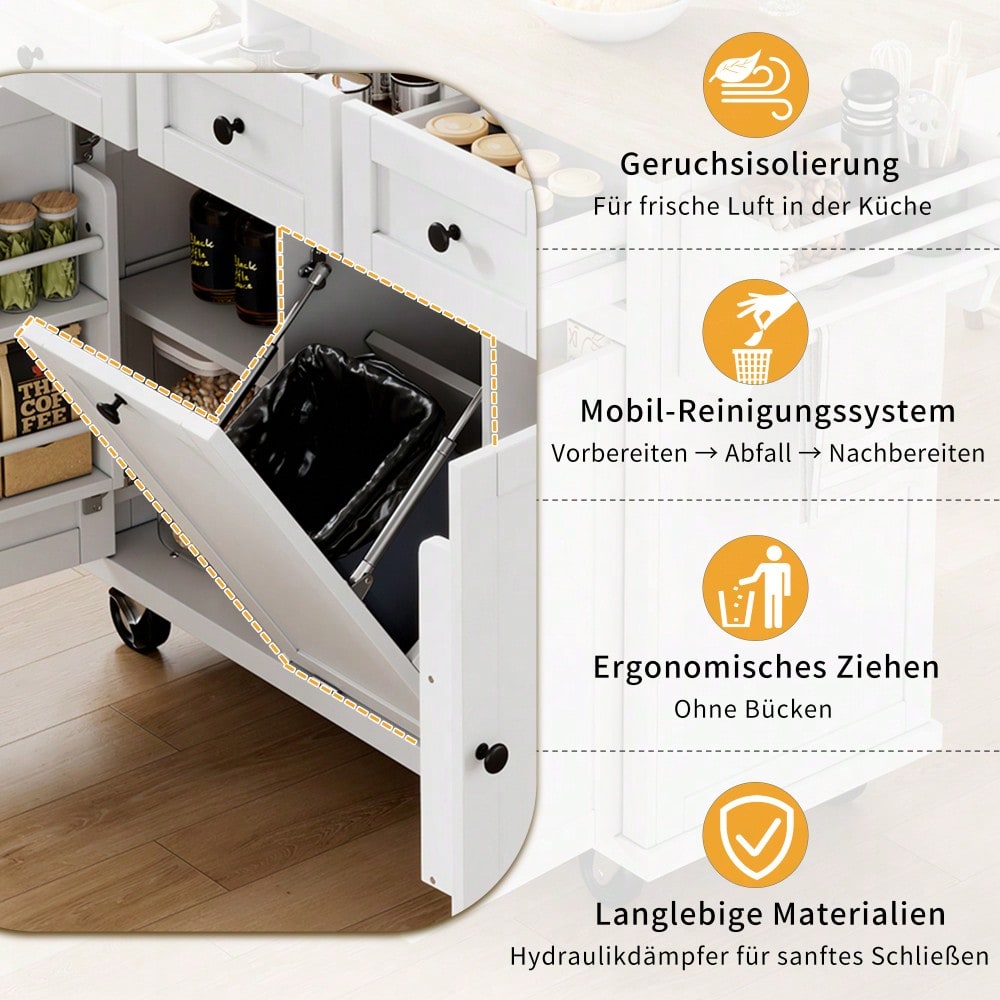 Kücheninsel mit Rollen, Ausziehbarer Essbereich Kücheninsel mit Abfallbehälterfach und Schubladen, Mobile Kücheninsel Ideal für Küche und Esszimmer (Weiß)
