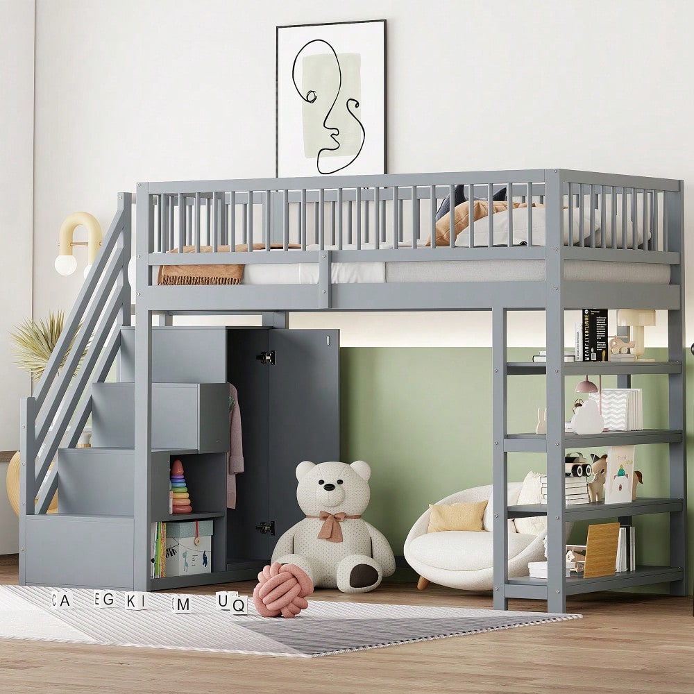 Hochbett 90 x 200, Hochzaun-Sicherheitsdesign mit Kleiderschrank, Regalen und Stauraum mit Sicherheitskletterleiter, Multifunktionsbett, Massivholzbett, Grau
