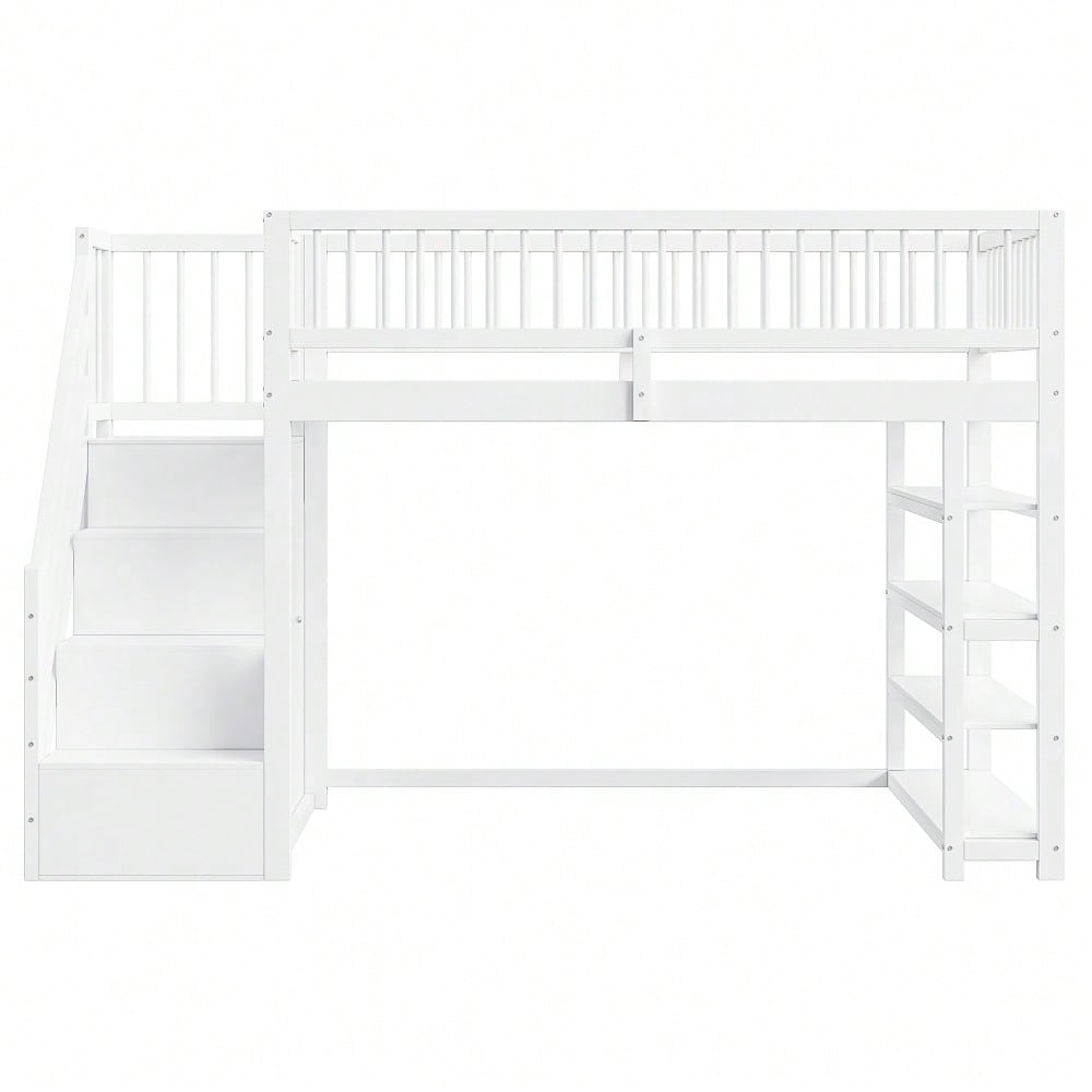 Hochbett 90 x 200, Hochzaun-Sicherheitsdesign mit Kleiderschrank, Regalen und Stauraum mit Sicherheitskletterleiter, Multifunktionsbett, Massivholzbett, weiß