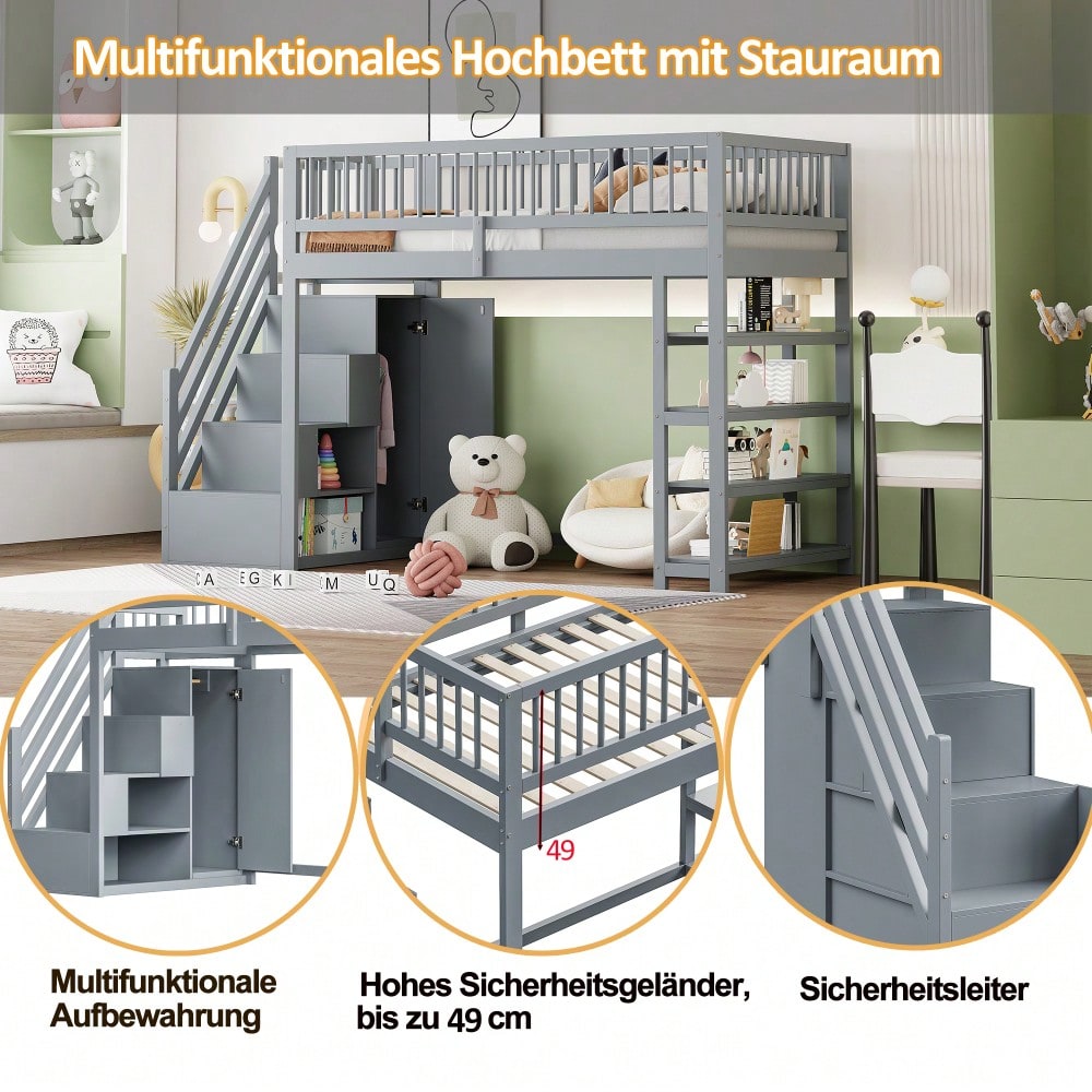 Hochbett 90 x 200, Hochzaun-Sicherheitsdesign mit Kleiderschrank, Regalen und Stauraum mit Sicherheitskletterleiter, Multifunktionsbett, Massivholzbett, Grau