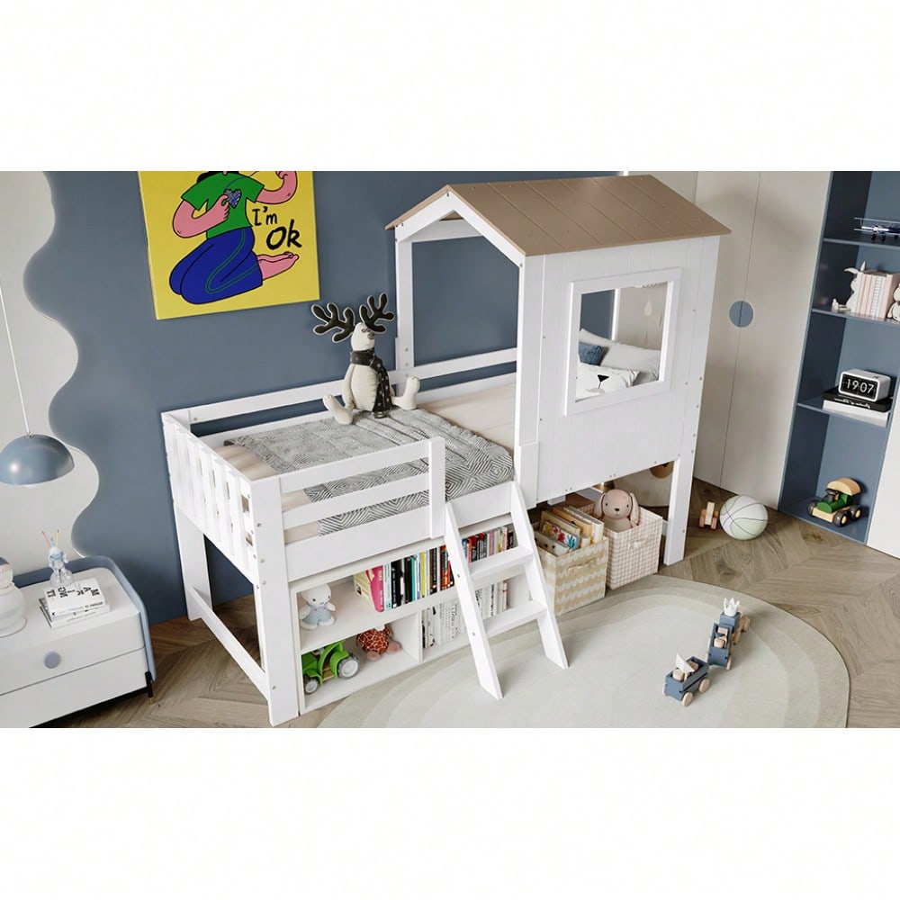 Kinderbett, Halbhohes Bett, Hausbett mit Dach und Fenster, Vierseitiger Zaun, mit kleine Treppe, Freier Stauraum unter dem Bett, Kiefer + MDF + Sperrholz, Weiß+Natur, 90x200cm