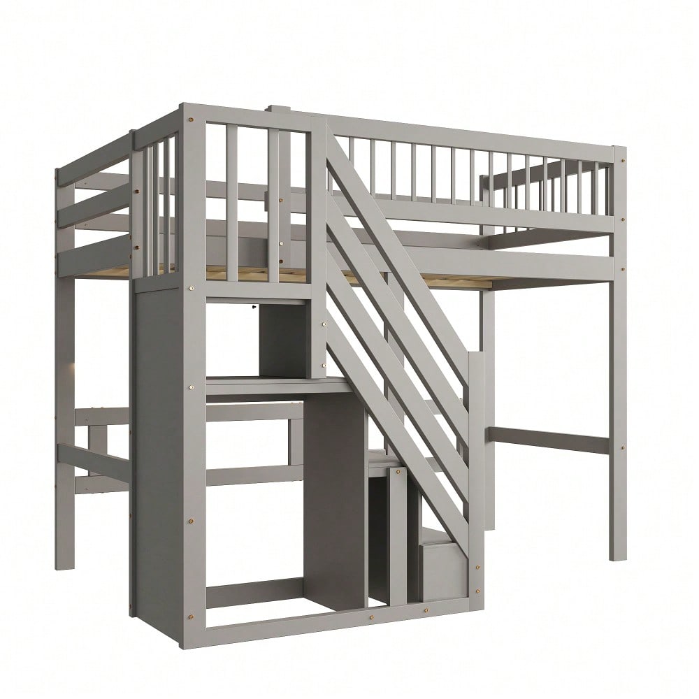 Massivholzbett 90*200, Treppe mit Aufbewahrungsschrank, Kinderbett, Jugendbett, Einzelbett, Massivholzrahmen, hohe Ausführung, grau