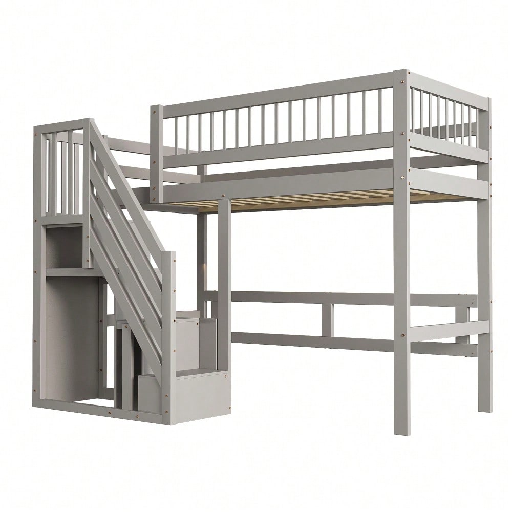 Massivholzbett 90*200, Treppe mit Aufbewahrungsschrank, Kinderbett, Jugendbett, Einzelbett, Massivholzrahmen, hohe Ausführung, grau