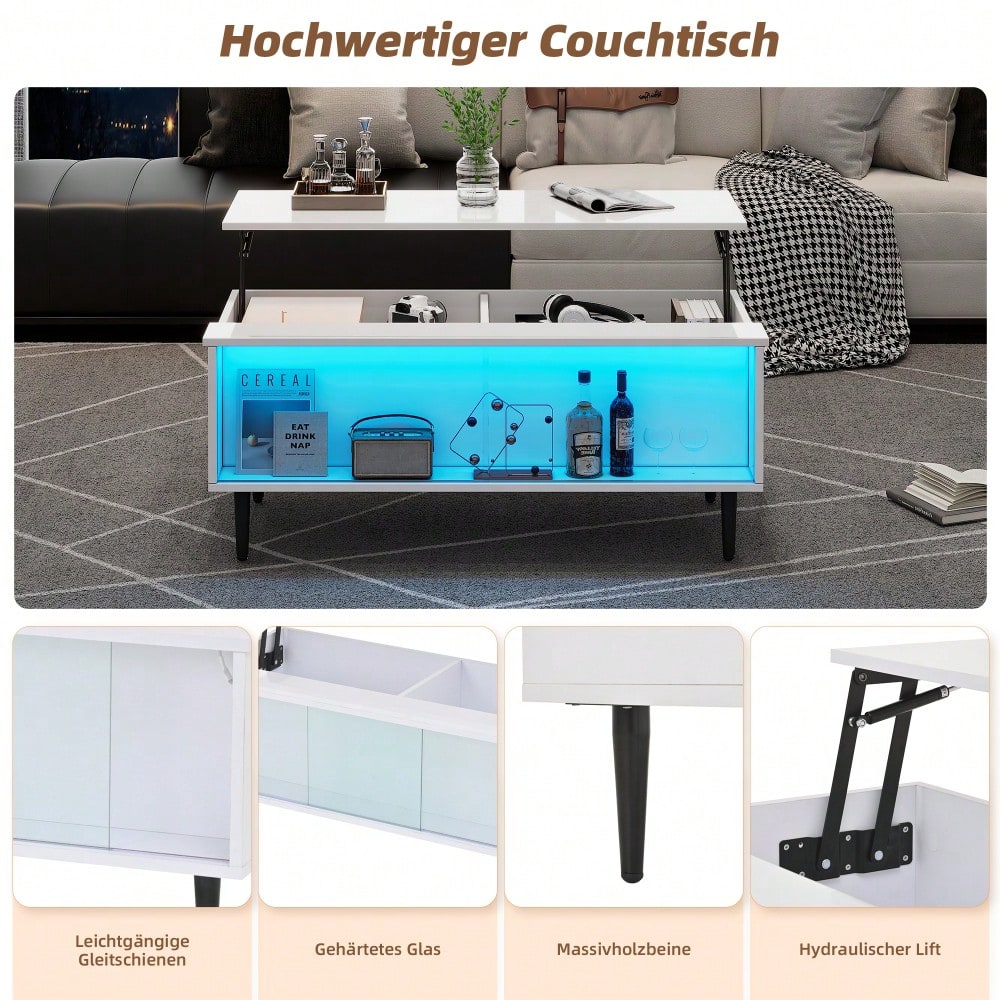 105 x 50 x 43 cm couchtisch Höhenverstellbarer Kaffeetisch mit Verstecktem Stauraum, wohnzimmertisch Mit LED-Licht,Sofatisch mit Stauraum und Ausstellungsfläche aus gehärtetem Glas, Weiß Mit 4 Beinen