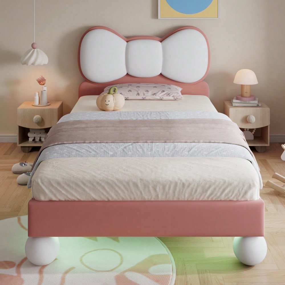 Polsterbett, Einzelbett, Kinderbett, Fliegeformiges Bettkopfteil, Farblich anpassbare LED-Lichtleiste unter dem Bett, stabiler Lattenrost, Samt, schönes Design, Beige + Rosa, 90x200cm