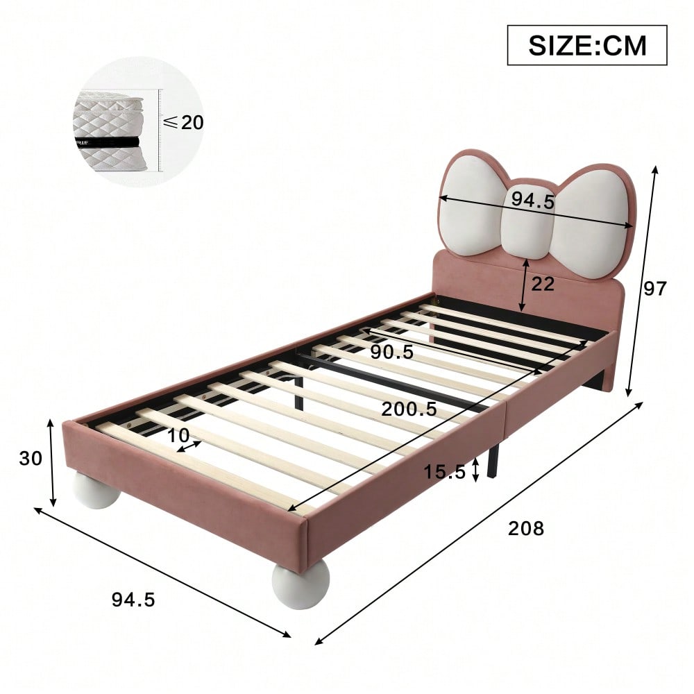 Polsterbett, Einzelbett, Kinderbett, Fliegeformiges Bettkopfteil, Farblich anpassbare LED-Lichtleiste unter dem Bett, stabiler Lattenrost, Samt, schönes Design, Beige + Rosa, 90x200cm
