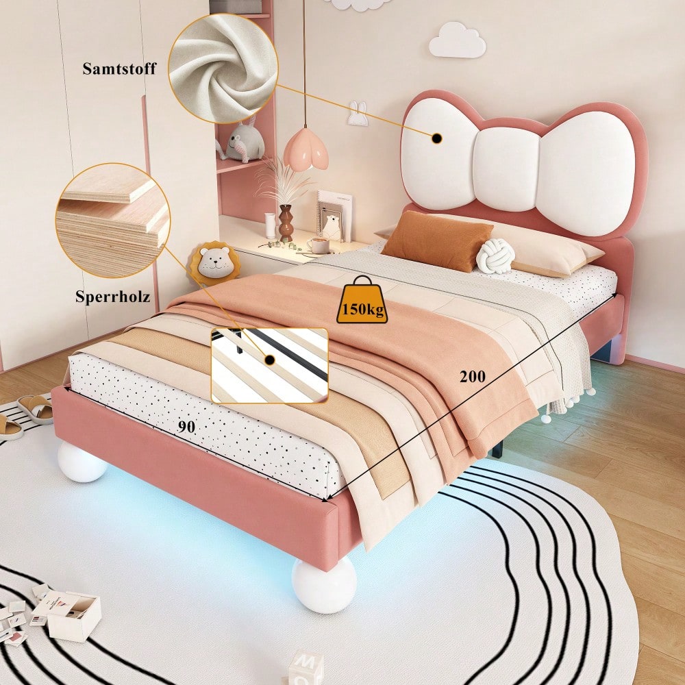 Polsterbett, Einzelbett, Kinderbett, Fliegeformiges Bettkopfteil, Farblich anpassbare LED-Lichtleiste unter dem Bett, stabiler Lattenrost, Samt, schönes Design, Beige + Rosa, 90x200cm