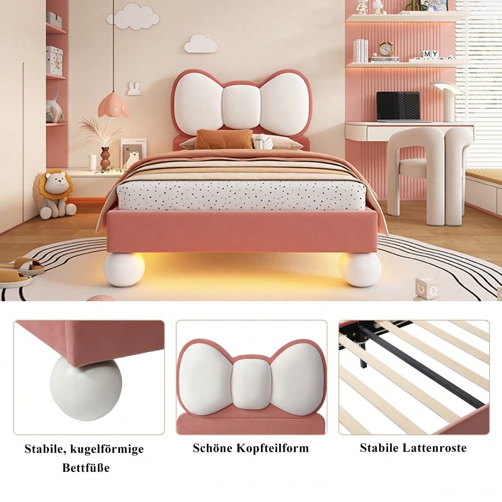 Polsterbett, Einzelbett, Kinderbett, Fliegeformiges Bettkopfteil, Farblich anpassbare LED-Lichtleiste unter dem Bett, stabiler Lattenrost, Samt, schönes Design, Beige + Rosa, 90x200cm