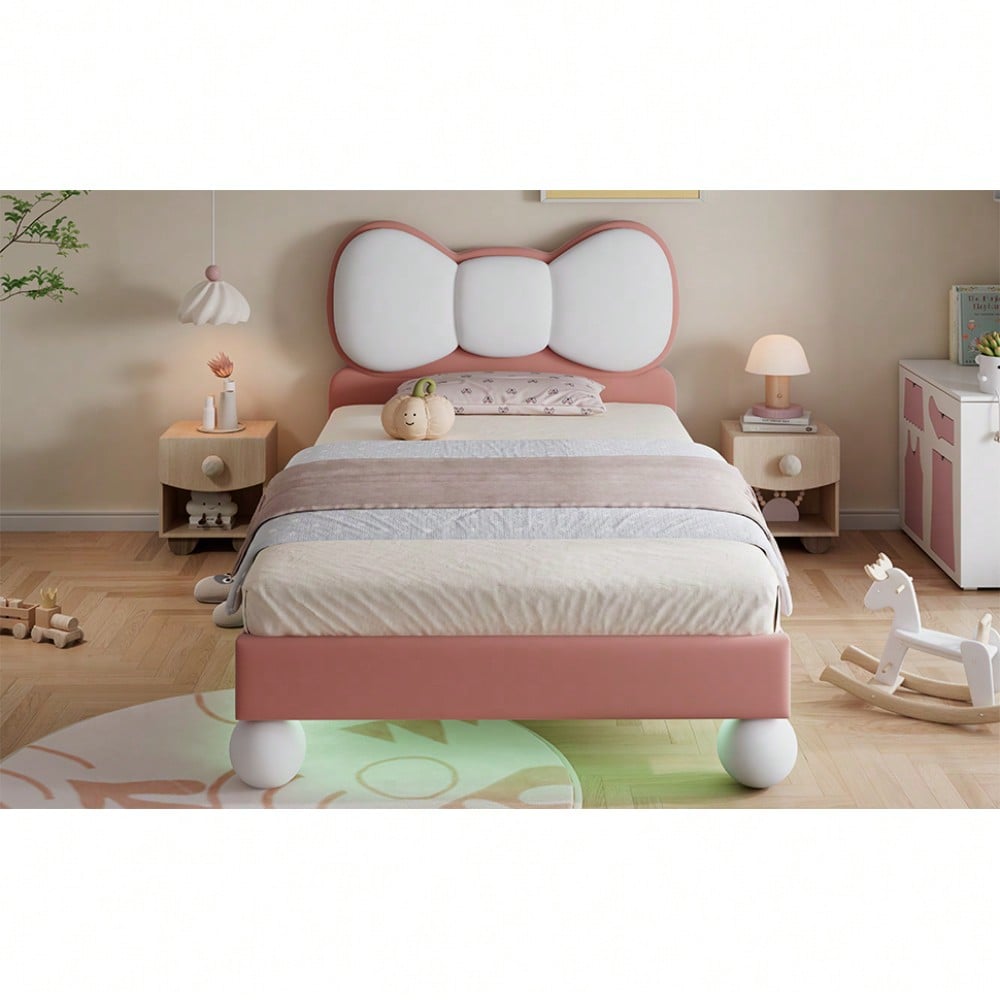 Polsterbett, Einzelbett, Kinderbett, Fliegeformiges Bettkopfteil, Farblich anpassbare LED-Lichtleiste unter dem Bett, stabiler Lattenrost, Samt, schönes Design, Beige + Rosa, 90x200cm