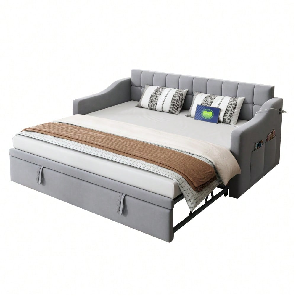 Polsterbett Schlafsofa 2 in 1 Multifunktionsschlafsofa 90*180*190, Hellgrau Samtstoff Polsterbett mit Steckdose und Aufbewahrungstasche