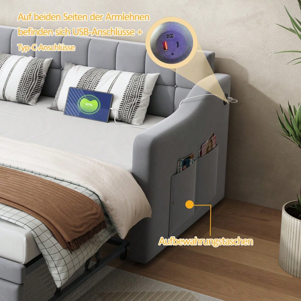 Polsterbett Schlafsofa 2 in 1 Multifunktionsschlafsofa 90*180*190, Hellgrau Samtstoff Polsterbett mit Steckdose und Aufbewahrungstasche