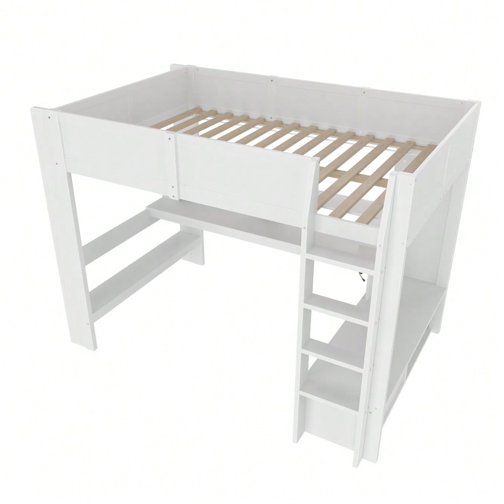 Hochbett,140*200cm , Gaming Bett mit Schreibtisch, Mit LED-Leuchten, Schreibtisch,Schublade, Regale, ohne Matratze, Weiß