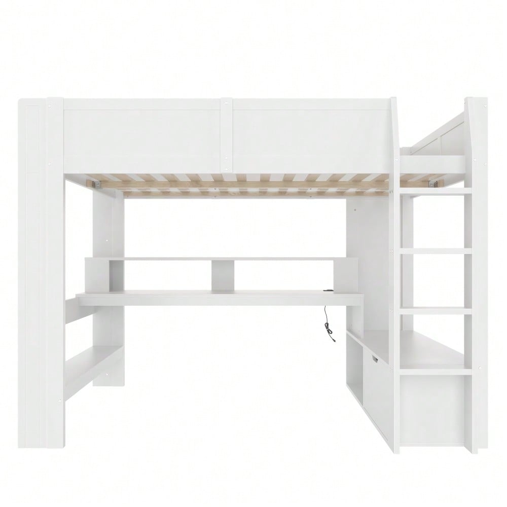 Hochbett,140*200cm , Gaming Bett mit Schreibtisch, Mit LED-Leuchten, Schreibtisch,Schublade, Regale, ohne Matratze, Weiß
