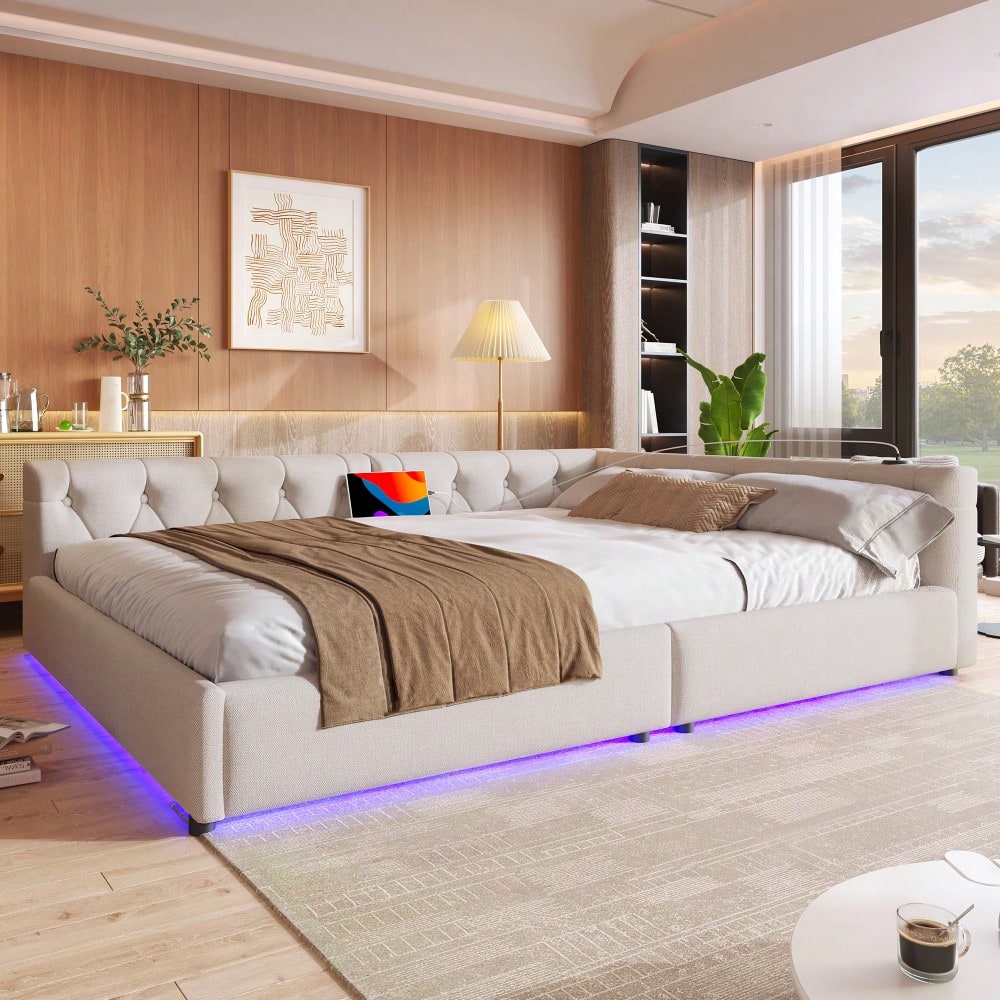 (=WX001034AAA)Schlafsofa, Daybett, Tagesbett, 140x200cm, Schlafsofa mit Lattenrost (ohne Matratze), Ambientebeleuchtung mit Fernbedienung, Kopfteil mit Knopftuft, Usb+Typ-c, Leinen, Beige