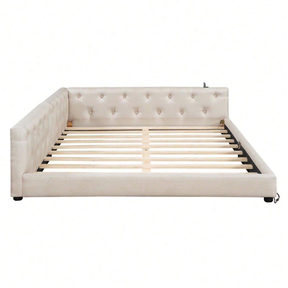 (=WX001034AAA)Schlafsofa, Daybett, Tagesbett, 140x200cm, Schlafsofa mit Lattenrost (ohne Matratze), Ambientebeleuchtung mit Fernbedienung, Kopfteil mit Knopftuft, Usb+Typ-c, Leinen, Beige