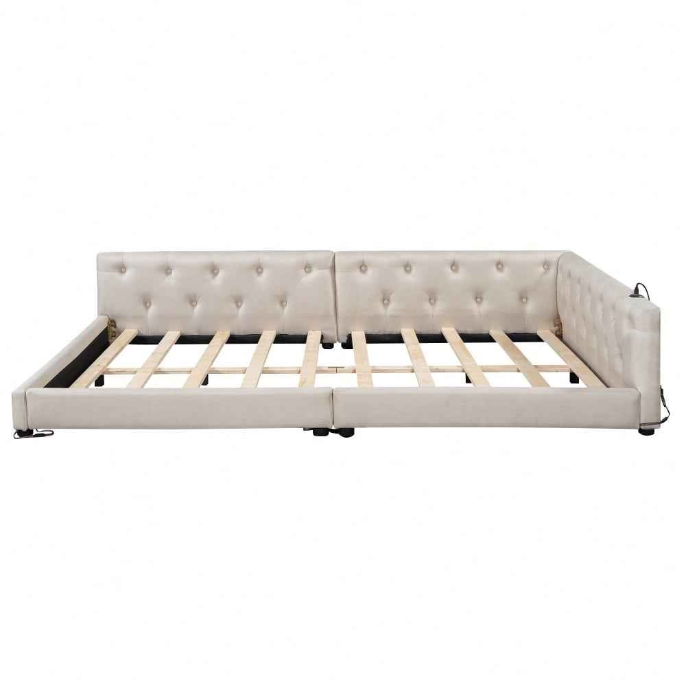(=WX001034AAA)Schlafsofa, Daybett, Tagesbett, 140x200cm, Schlafsofa mit Lattenrost (ohne Matratze), Ambientebeleuchtung mit Fernbedienung, Kopfteil mit Knopftuft, Usb+Typ-c, Leinen, Beige