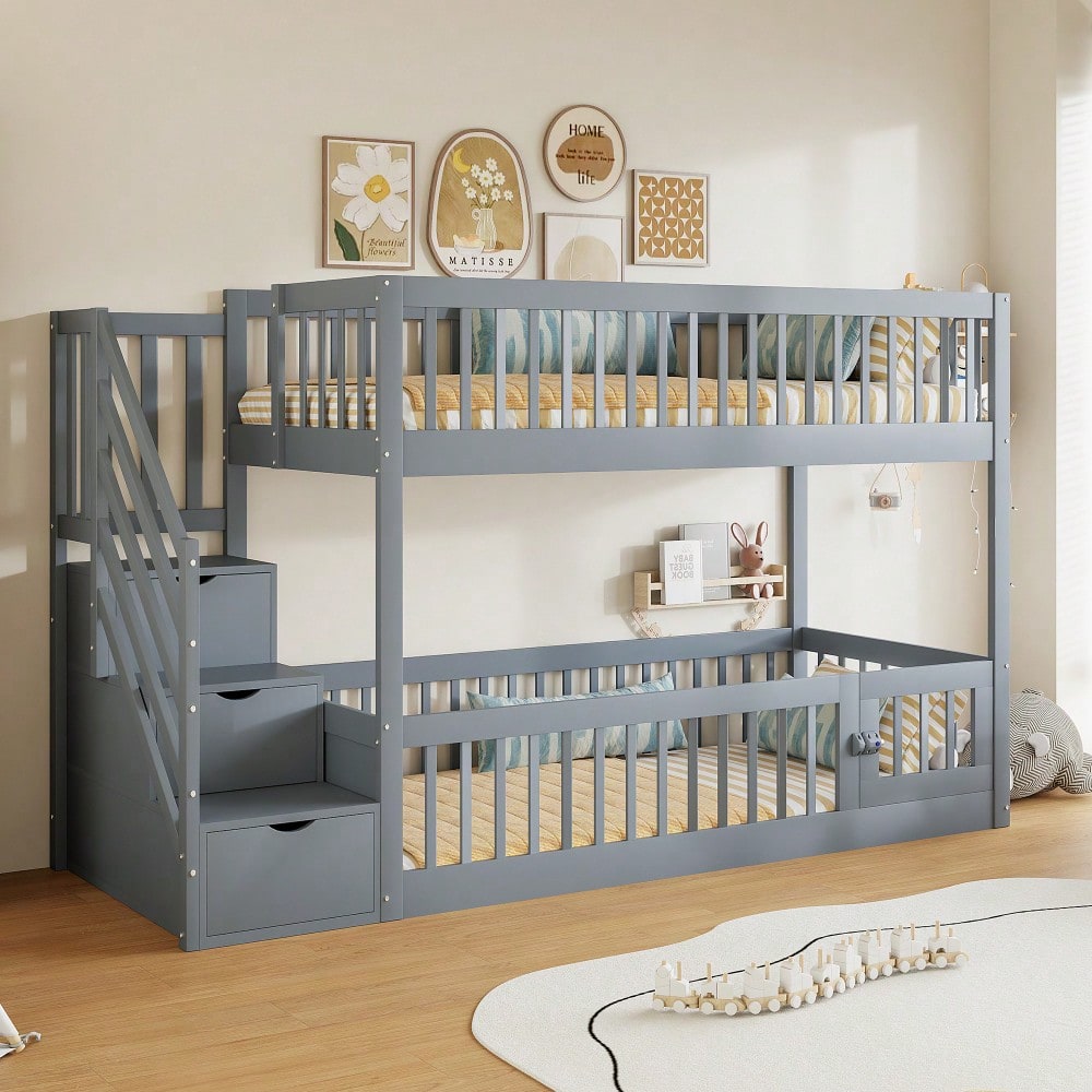 Etagenbett 90x200 Kinderbett mit Sicherheitstreppe und Schubladen, Grau Holzeinzelbett mit Stauraumbett für Kinder, Jugendliche