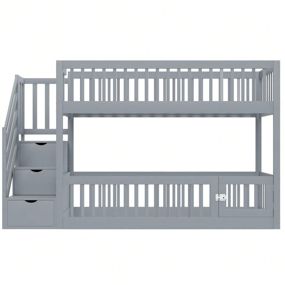 Etagenbett 90x200 Kinderbett mit Sicherheitstreppe und Schubladen, Grau Holzeinzelbett mit Stauraumbett für Kinder, Jugendliche