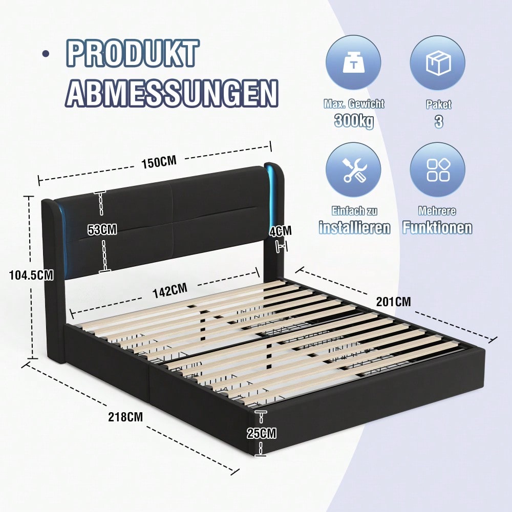 Modernes 140 x 200 cm Bettgestell mit LED-Beleuchtung im Kopfteil, 4 praktischen Aufbewahrungsschubladen, dicker Polsterung, USB-Dual-Anschlüssen und eleganten Bettflügeln für zusätzlichen,Schwarz