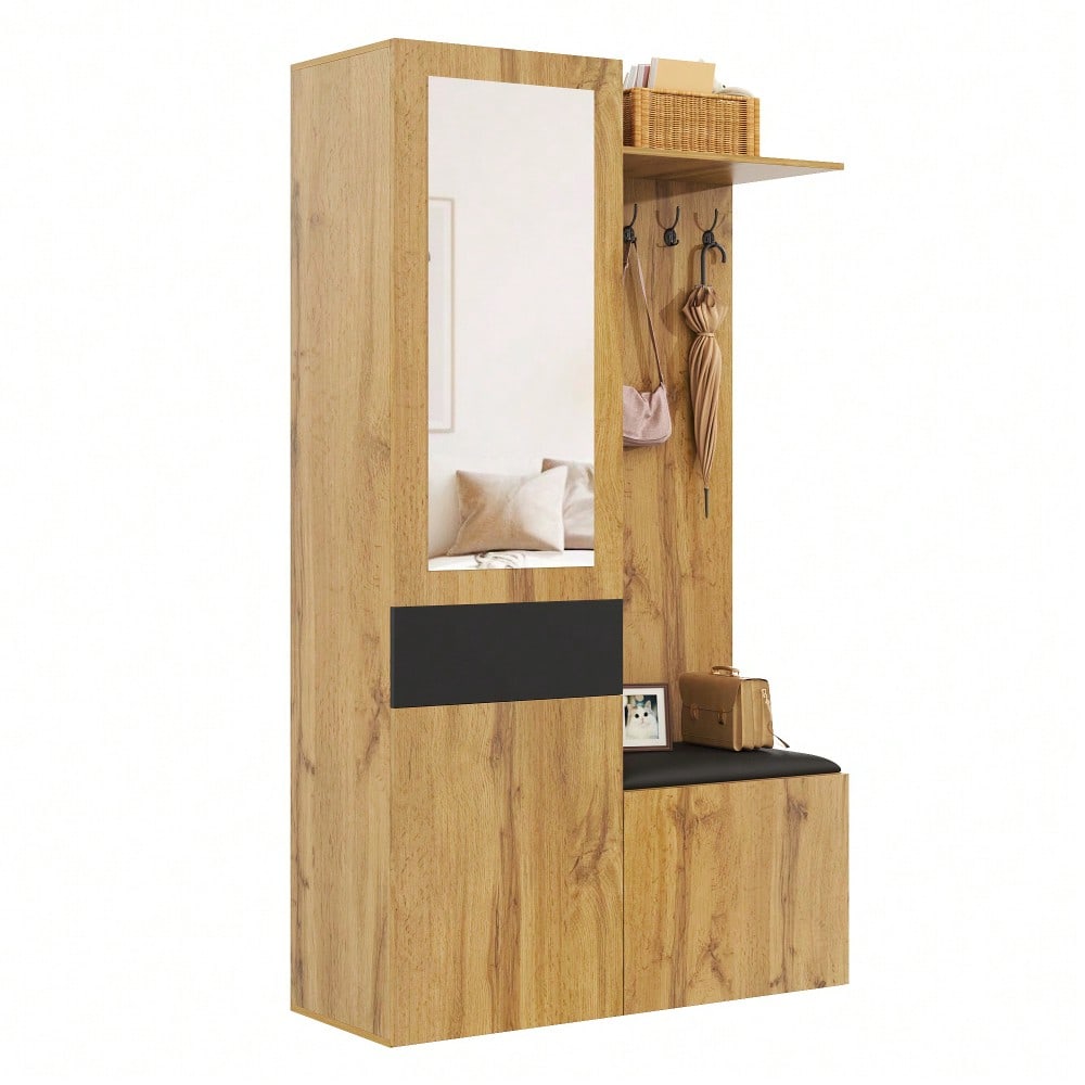 Garderobenset mit 5 Garderobenhaken, Spiegel, Schuhschrank, Einbauschrank mit oberen Regalen, Schubladen, oberen Ablagefächern, Flurgarderobenbank.